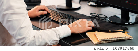 Office worker sitting on workspace desk typing on keyboard. Trailblazing 108917669