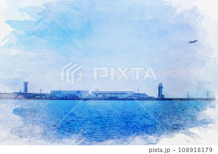 [水彩画[愛知県常滑市の中部国際空港セントレア [水彩画[愛知県常滑市の中部国際空港セントレア 108918179