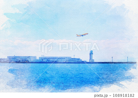 [水彩画[愛知県常滑市の中部国際空港セントレア [水彩画[愛知県常滑市の中部国際空港セントレア 108918182