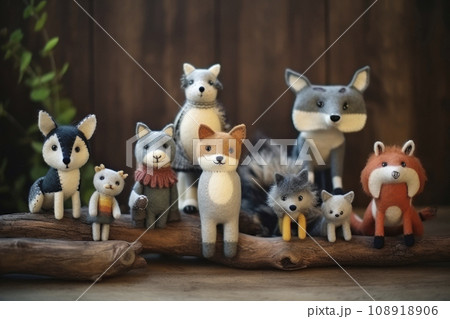 collection of handmade toys. knitted goods, felted wool and cotton stitched animals. collection of handmade toys. knitted goods, felted wool and cotton stitched animals. 108918906