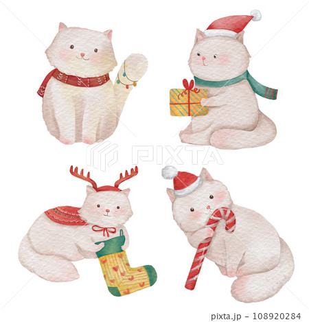 Cat . Christmas theme . Watercolor paint cartoon characters . Isolated . Set 1 of 5 . illustration . Cat . Christmas theme . Watercolor paint cartoon characters . Isolated . Set 1 of 5 . illustration . 108920284