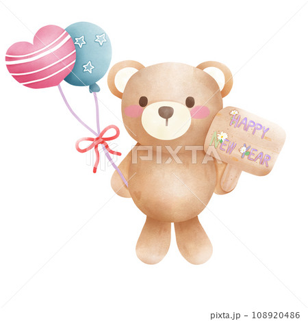Brown bear with Happy New Year signboard Brown bear with Happy New Year signboard 108920486