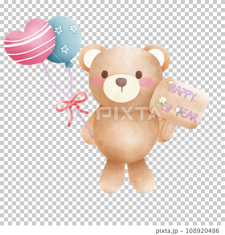 Brown bear with Happy New Year signboard Brown bear with Happy New Year signboard 108920486