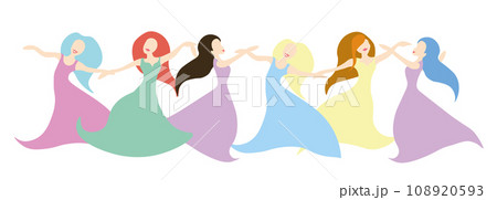 Vector illustration of colorful women holding hands and dancing, Vector illustration of colorful women holding hands and dancing, 108920593