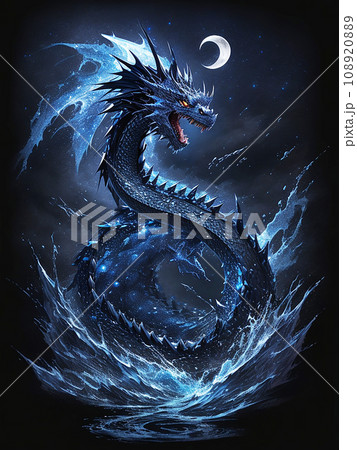 月夜と 海神 龍 のイラスト アート（AI生成画像）のイラスト素材