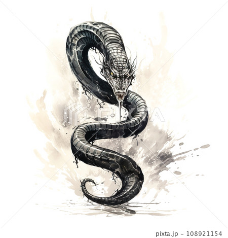 Image of painting very fierce king cobra ancient chinese style on a white background., Reptile., Wildlife Animals. 108921154