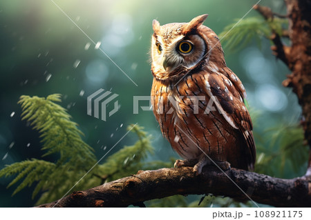 Image of an owlison (Great Horned Owl) in the forest on a natural background. Birds., Wildlife Animals. 108921175