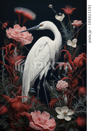 Image of demoiselle crane with beautiful red flowers in the forest on a natural background. Birds., Wildlife Animals. Image of demoiselle crane with beautiful red flowers in the forest on a natural background. Birds., Wildlife Animals. 108921191
