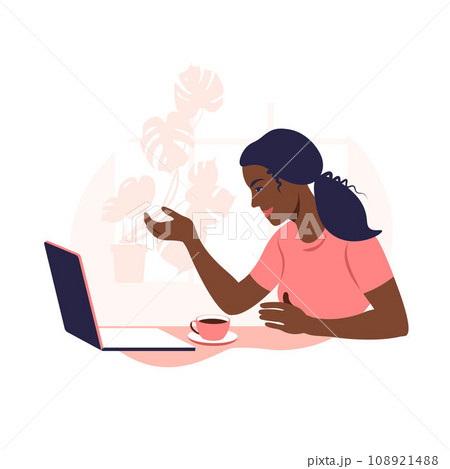African woman works and communicates on a laptop computer, sitting at a table at home with a Cup of coffee and papers. Vector illustration. Flat. African woman works and communicates on a laptop computer, sitting at a table at home with a Cup of coffee and papers. Vector illustration. Flat. 108921488