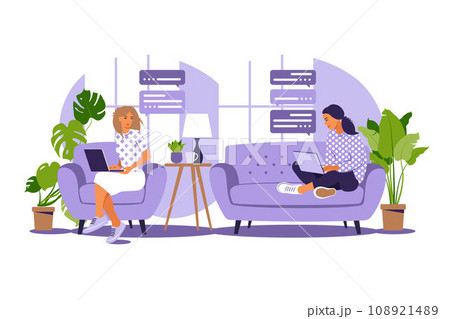 Vector illustration of freelance work. Girls work at the computer at home on the couch. Freelance or studying concept. Girls have a lot of work. Vector illustration of student studying at home. Flat. Vector illustration of freelance work. Girls work at the computer at home on the couch. Freelance or studying concept. Girls have a lot of work. Vector illustration of student studying at home. Flat. 108921489