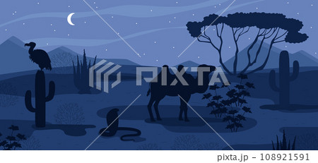 Desert night landscape, animals and plants, cartoon vector illustration Desert night landscape, animals and plants, cartoon vector illustration 108921591