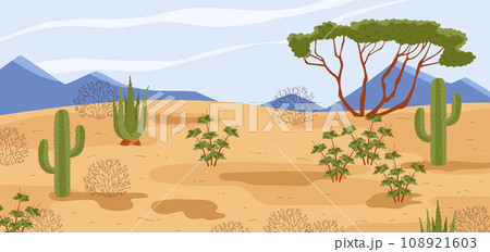 Desert landscape background with sand dunes and cacti flat vector illustration. Desert landscape background with sand dunes and cacti flat vector illustration. 108921603