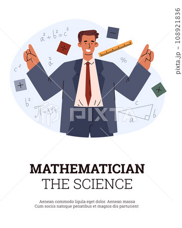 Mathematician pointing at signs and formulas on abstract background. Mathematician pointing at signs and formulas on abstract background. 108921836
