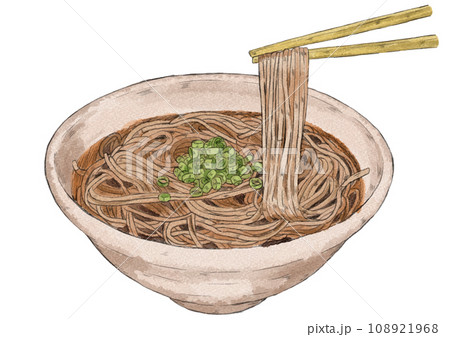 箸で麺を持ち上げているかけそばのイラスト（水彩風） 108921968