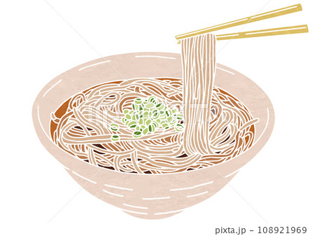 箸で麺を持ち上げているかけそばのイラスト（版画風） 108921969