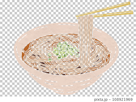 箸で麺を持ち上げているかけそばのイラスト（版画風） 108921969
