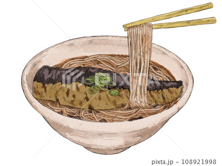 箸で麺を持ち上げているにしんそばのイラスト（水彩風） 108921998