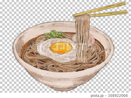 Illustration of Tsukimi Soba lifting noodles with chopsticks (watercolor style) 108922008
