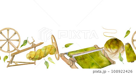 Hand drawn watercolor thread weave and spin equipment, hobby, handmade fabric. Natural plant nettle leaves dye. Illustration seamless banner isolated on white background. Shop logo, print, booklet 108922426