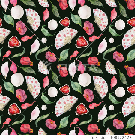 Watercolor seamless pattern with hand drawn traditional Japanese sweets. Wagashi, mochi, camellia flowers. Isolated on dark background. Invitations, restaurant menu, greeting cards, print, textile Watercolor seamless pattern with hand drawn traditional Japanese sweets. Wagashi, mochi, camellia flowers. Isolated on dark background. Invitations, restaurant menu, greeting cards, print, textile 108922427