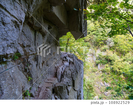 黒部渓谷下ノ廊下の断崖絶壁の渓谷を行く道 108922529