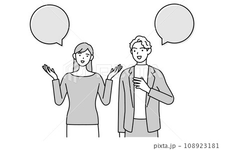 英会話、白人男性と英語で会話する日本人女性、吹き出しつき 108923181