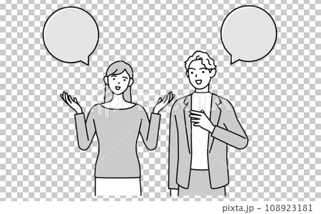 英会話、白人男性と英語で会話する日本人女性、吹き出しつき 108923181