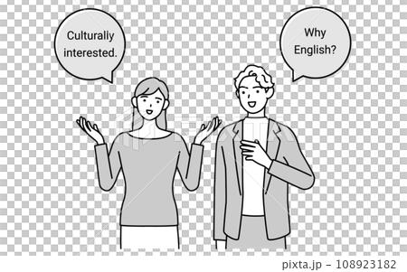 英会話、白人男性と英語で会話する日本人女性、吹き出しつき 108923182