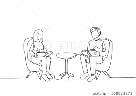 Single one line drawing man woman sitting reading on sofa. Reading focus in living room. Fun hobby. Relieve fatigue from daily activities. Book festival concept. Continuous line graphic illustration 108923272