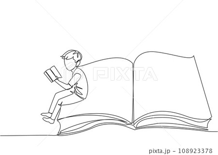 Continuous one line drawing serious man sitting on the edge of a large open book. Study before exam time arrives. Read textbooks with focus. Reading is fun. Single line draw design vector illustration 108923378