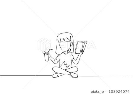 Single continuous line drawing girl sitting cross-legged reading book. Accompanied by glass of orange juice to make reading more interesting. Knowledge. Freshness. One line design vector illustration 108924074