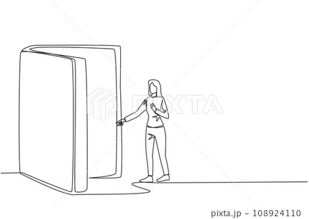 Single continuous line drawing woman open the book-shaped door. Books can open mind and see everywhere. Increase knowledge about the wider world. Book festival. One line design vector illustration 108924110