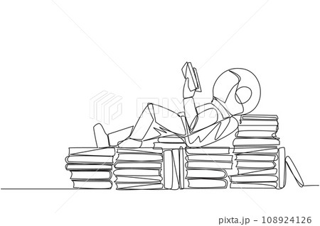 Single one line drawing astronaut lying down on a stack of books lined up. Relax while reading the fiction book. Enjoy the storyline. Book festival concept. Continuous line design graphic illustration Single one line drawing astronaut lying down on a stack of books lined up. Relax while reading the fiction book. Enjoy the storyline. Book festival concept. Continuous line design graphic illustration 108924126