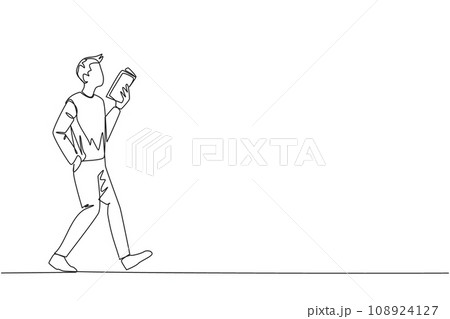 Single continuous line drawing man walking while reading a book. The gesture of memorizing something from a book. Read anywhere. Addicted to reading. Book festival. One line design vector illustration 108924127