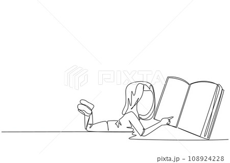 Single continuous line drawing girl lying on her stomach reading a big book. Enjoy reading books in a variety of styles. Reading increases insight. Love reading. One line design vector illustration 108924228