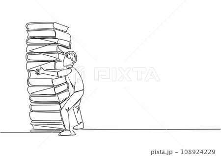 Single continuous line drawing man hugging a very high pile of books. Hobby to collecting and reading books. Filling free time with useful things. Loving read. One line design vector illustration 108924229