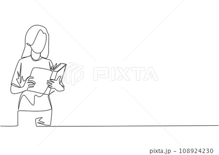 Single one line drawing woman focused on reading. Try to find answers to the tasks given. Seek more knowledge. Reading increases insight. Happy reading. Continuous line design graphic illustration 108924230