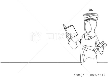Single one line drawing Arab woman reading book practicing balance. Stack books on top of head along with the apple. Balancing reading rhythm, train focus. Continuous line design graphic illustration Single one line drawing Arab woman reading book practicing balance. Stack books on top of head along with the apple. Balancing reading rhythm, train focus. Continuous line design graphic illustration 108924315
