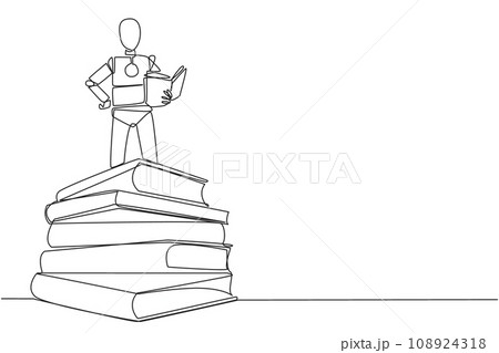 Single continuous line drawing smart robotic standing on a pile of books reading the fiction story book. Intrigued by book series. Read anywhere to finish reading. One line design vector illustration 108924318