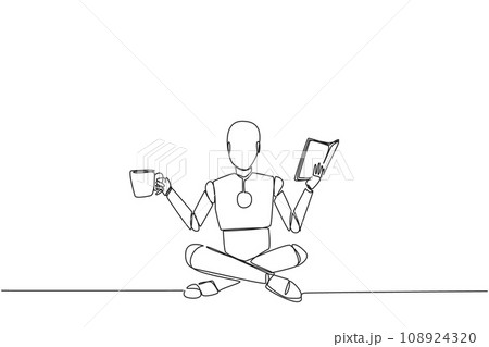 Single one line drawing smart robot sitting cross-legged reading book. Accompanied by mug of coffee to make reading more interesting. Knowledge. Calmness. Continuous line design graphic illustration 108924320