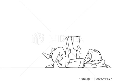 Single continuous line drawing Arab man lying on back reading book. Reading favorite comic. Big fan of fiction books. Enjoy the storyline. Reading increase insight. One line design vector illustration 108924437