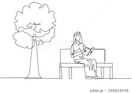 Single one line drawing Arabian man sitting on park bench reading book. Learn by re-reading textbook. Read to get maximum marks. Reading increase insight. Continuous line design graphic illustration 108924456
