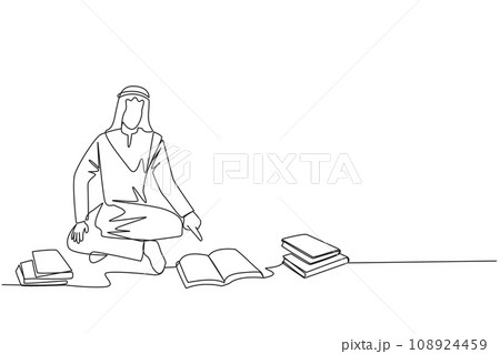 Single one line drawing Arabian man reading the books happily. Good reading interest. Really enjoy reading story books. Reading everywhere. Book festival concept. Continuous line graphic illustration 108924459