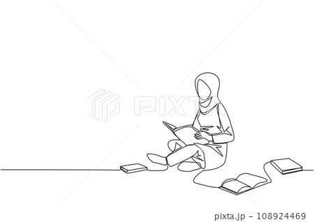 Continuous one line drawing Arabian woman sitting relax in library reading lot of books. Looking for answers to assignments. Hobby reading. Book festival concept. Single line draw vector illustration 108924469