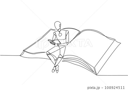 Single continuous line drawing smart robot sitting reading on large flying book. Relax reading like on a carpet flying into the sky. Future technology development. One line design vector illustration Single continuous line drawing smart robot sitting reading on large flying book. Relax reading like on a carpet flying into the sky. Future technology development. One line design vector illustration 108924511