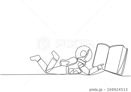Continuous one line drawing astronaut lying on stomach reading big book. Enjoy reading book in a variety of styles. Reading increases insight. Love reading. Single line draw design vector illustration Continuous one line drawing astronaut lying on stomach reading big book. Enjoy reading book in a variety of styles. Reading increases insight. Love reading. Single line draw design vector illustration 108924513