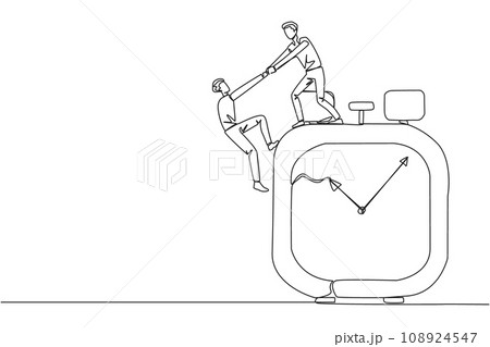 Single one line drawing businessman helps colleague climb the big alarm clock. Helping coworkers. Deadline is coming. Work together for better end result. Continuous line design graphic illustration 108924547