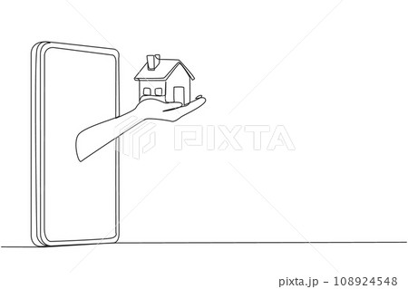 Single continuous line drawing hands come out from middle of smartphone holding a miniature house. Getting best asset in the form of a house from business result. One line design vector illustration 108924548