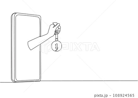 Single one line drawing the hand comes out from the middle of the smartphone holding the medal. Rewards from sellers for loyal customers. Online shop. Continuous line design graphic illustration 108924565