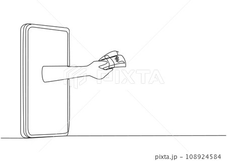 Continuous one line drawing hand comes out from the middle of the smartphone holding banknotes. Choose necessities online. Cash on delivery. Online stuff. Single line draw design vector illustration 108924584
